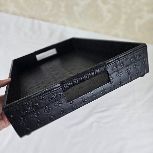 Black Leather Tray with Embossed Fleur de Lis Pattern Open Wrapped Handles - Picture 4 of 12